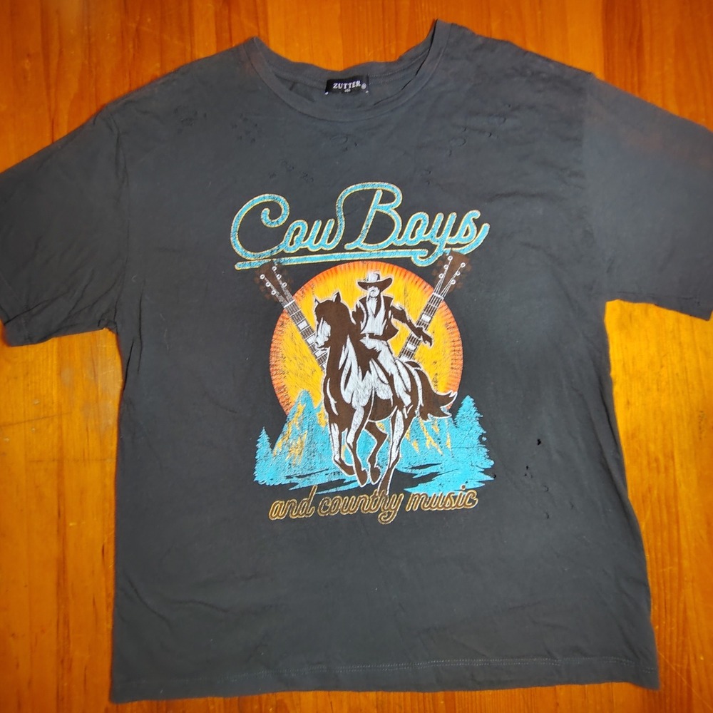 ZUTTER Cowboys Country‎ Music Graphic T Shirt Distressed Holes Gray Mens M